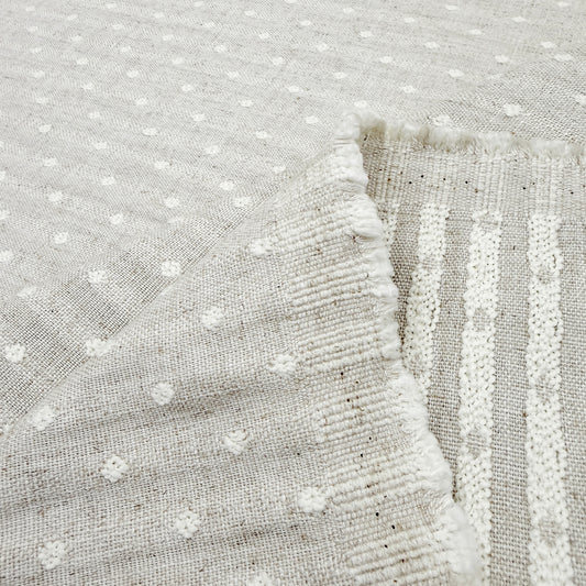 Ivory Textured Linen Blend Fabric- Embroidered Dot Upholstery Fabric for Home Decor & Crafts