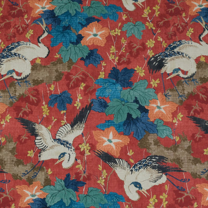 Plume Crimson Red Crane Patterned Fabric- Bird & Leaf Print for Home Decor