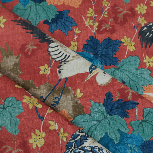 Plume Crimson Red Crane Patterned Fabric- Bird & Leaf Print for Home Decor