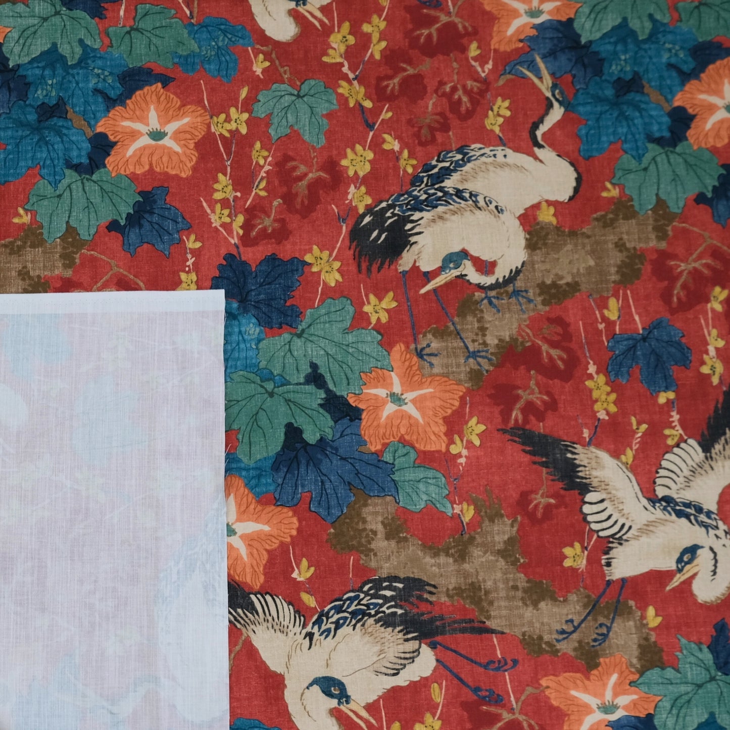 Plume Crimson Red Crane Patterned Fabric- Bird & Leaf Print for Home Decor