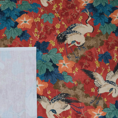 Plume Crimson Red Crane Patterned Fabric- Bird & Leaf Print for Home Decor