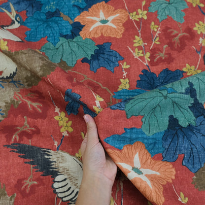 Plume Crimson Red Crane Patterned Fabric- Bird & Leaf Print for Home Decor