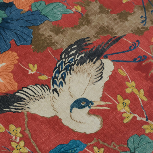 Plume Crimson Red Crane Patterned Fabric- Bird & Leaf Print for Home Decor