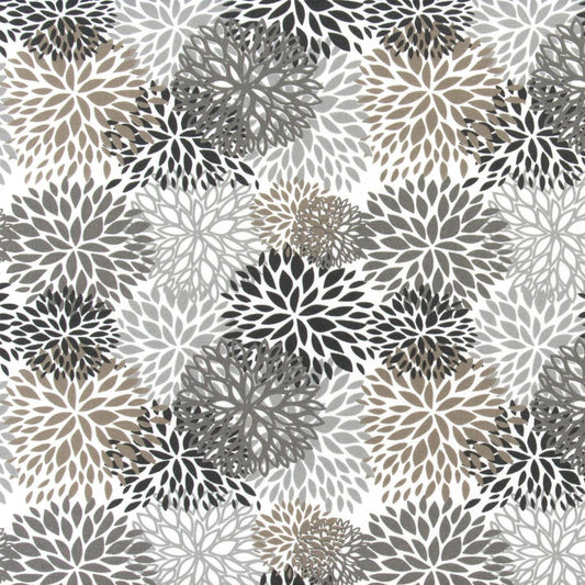 a repeating pattern of stylized flower-like shapes in various shades of gray, black, and white.