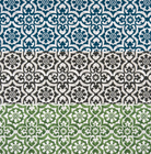 a repeating pattern of three different color schemes: blue, green, and white. The pattern consists of a series of floral designs arranged in a vertical orientation, creating a visually striking and symmetrical composition.