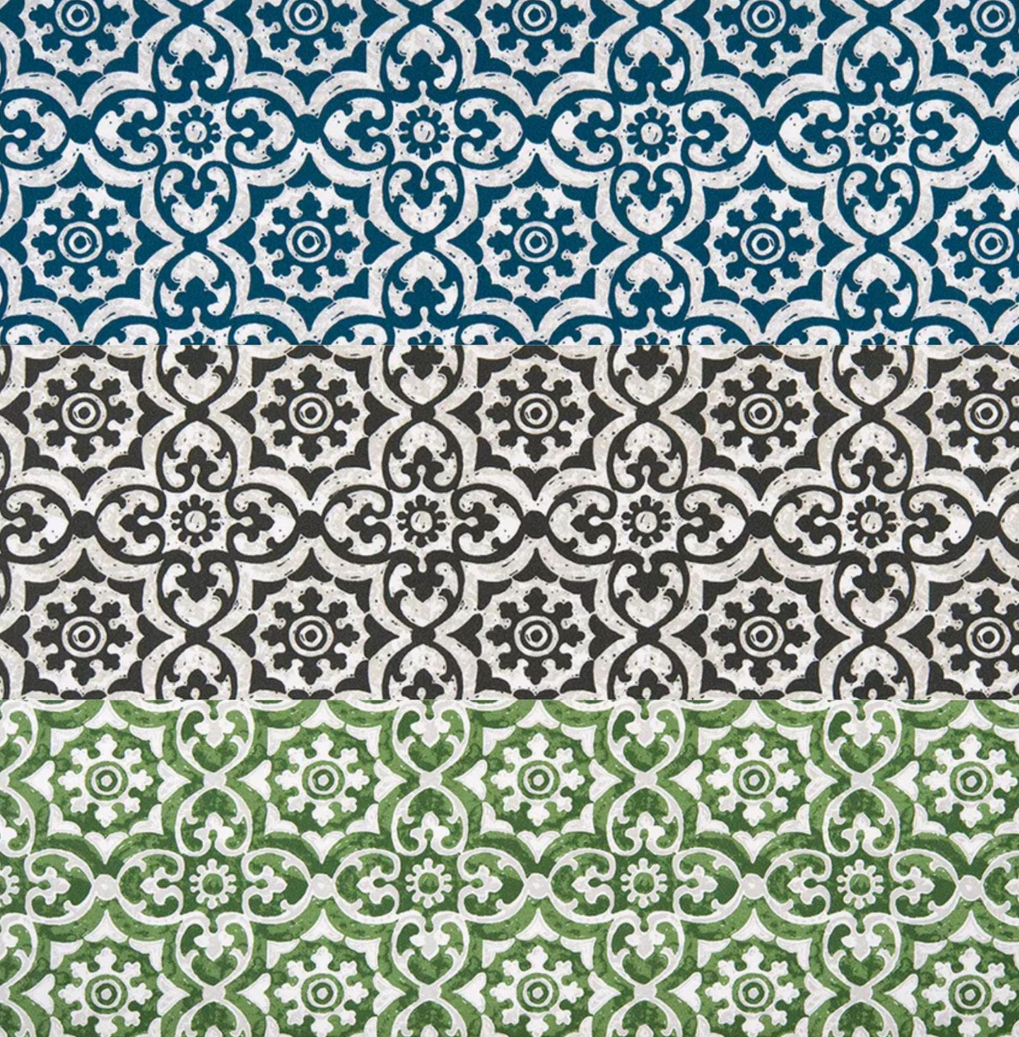 a repeating pattern of three different color schemes: blue, green, and white. The pattern consists of a series of floral designs arranged in a vertical orientation, creating a visually striking and symmetrical composition.