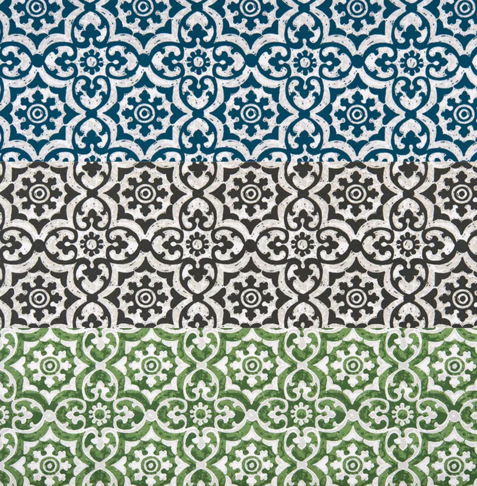 a repeating pattern of three different color schemes: blue, green, and white. The pattern consists of a series of floral designs arranged in a vertical orientation, creating a visually striking and symmetrical composition.