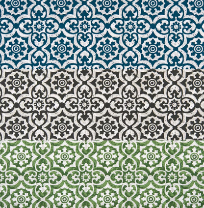 a repeating pattern of three different color schemes: blue, green, and white. The pattern consists of a series of floral designs arranged in a vertical orientation, creating a visually striking and symmetrical composition.