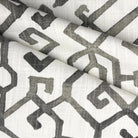a close-up view of a fabric with a repeating geometric pattern in shades of gray and white. The pattern consists of various shapes and lines, creating a visually striking and intricate design.