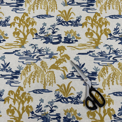 Yellow Blue Botanical Patterned Fabric for Shower Curtain Drapery Accent Upholstery Textile by the Yard Botany English Country Home Decor