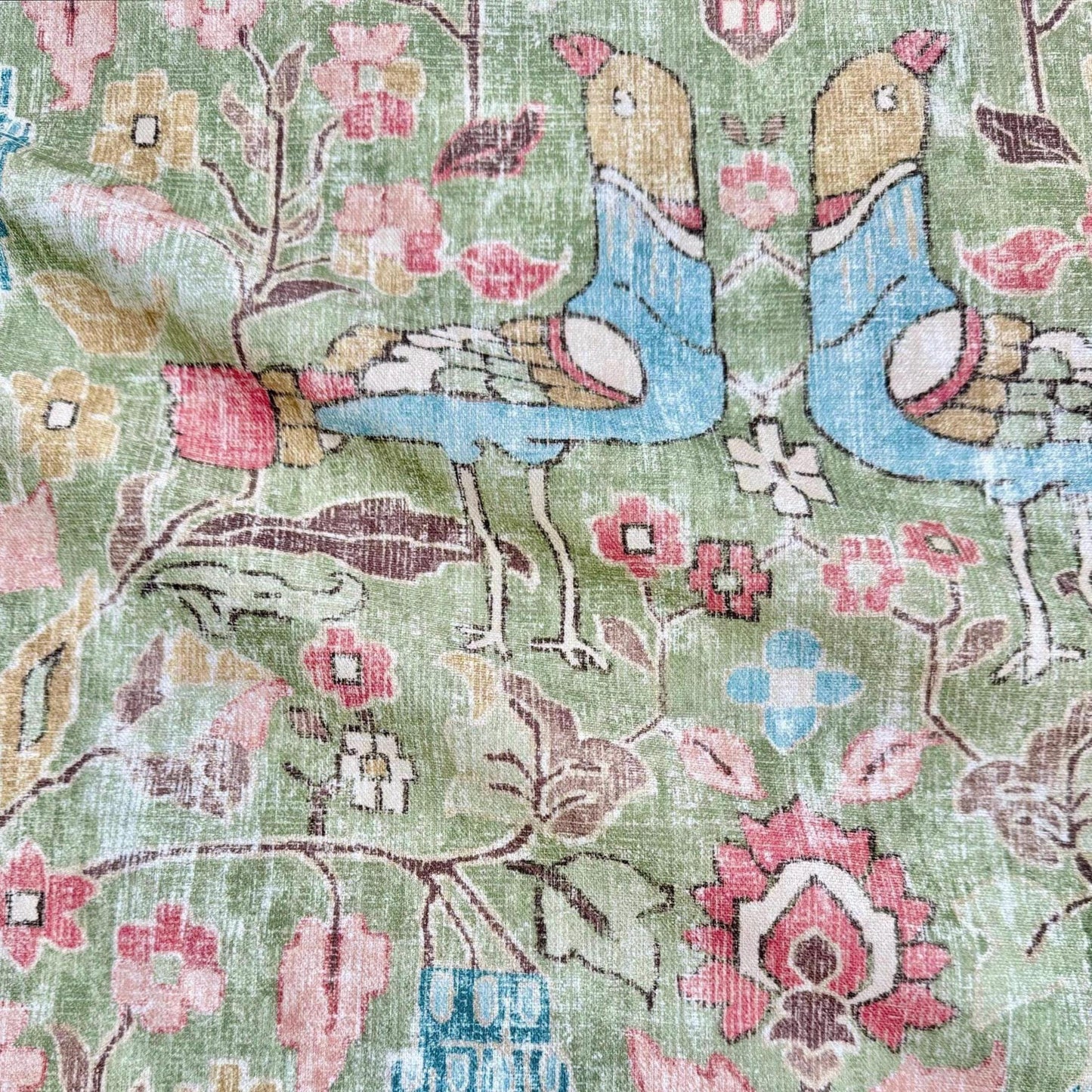Elysian Pistachio Green Bird Pattern Cotton Fabric- Floral Home Decor
