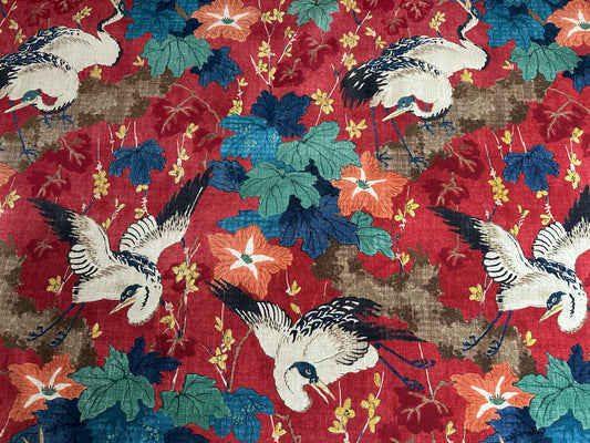 Plume Crimson Red Crane Patterned Fabric- Bird & Leaf Print for Home Decor
