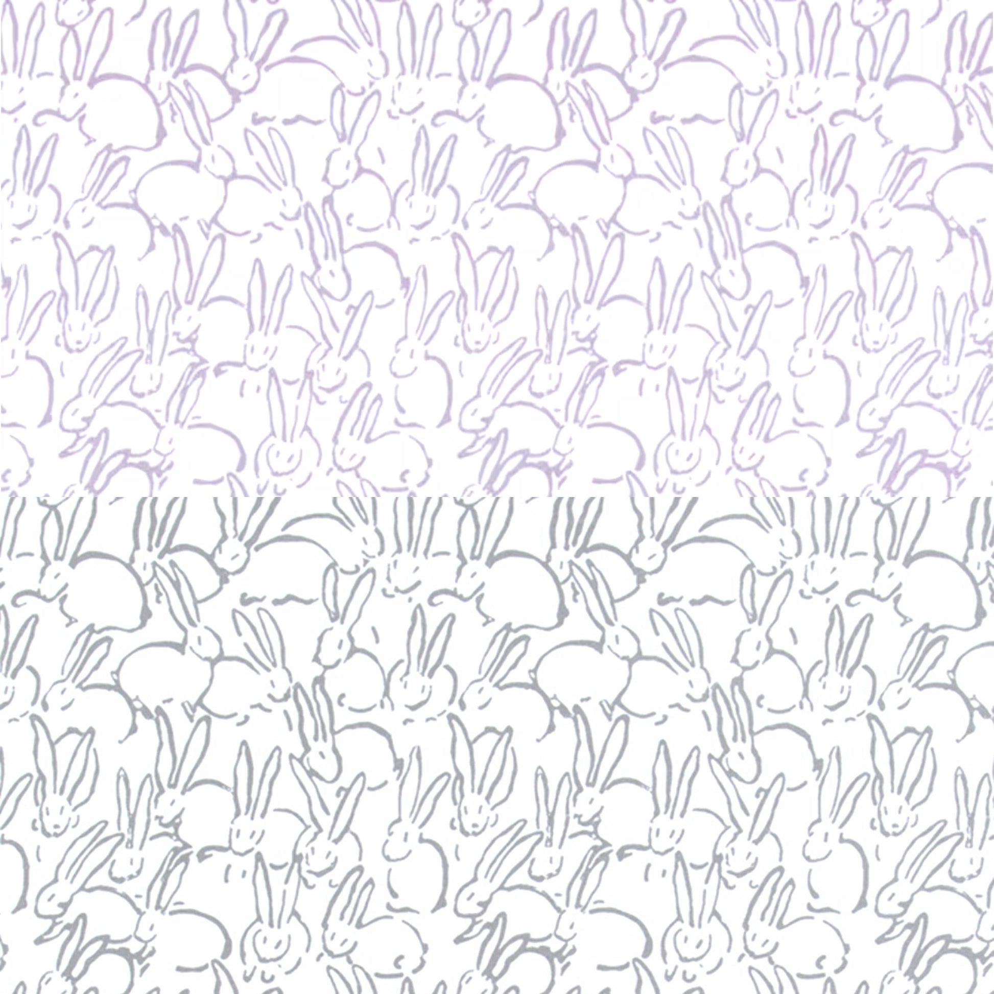 a repeating pattern of stylized rabbits in shades of purple and white.
