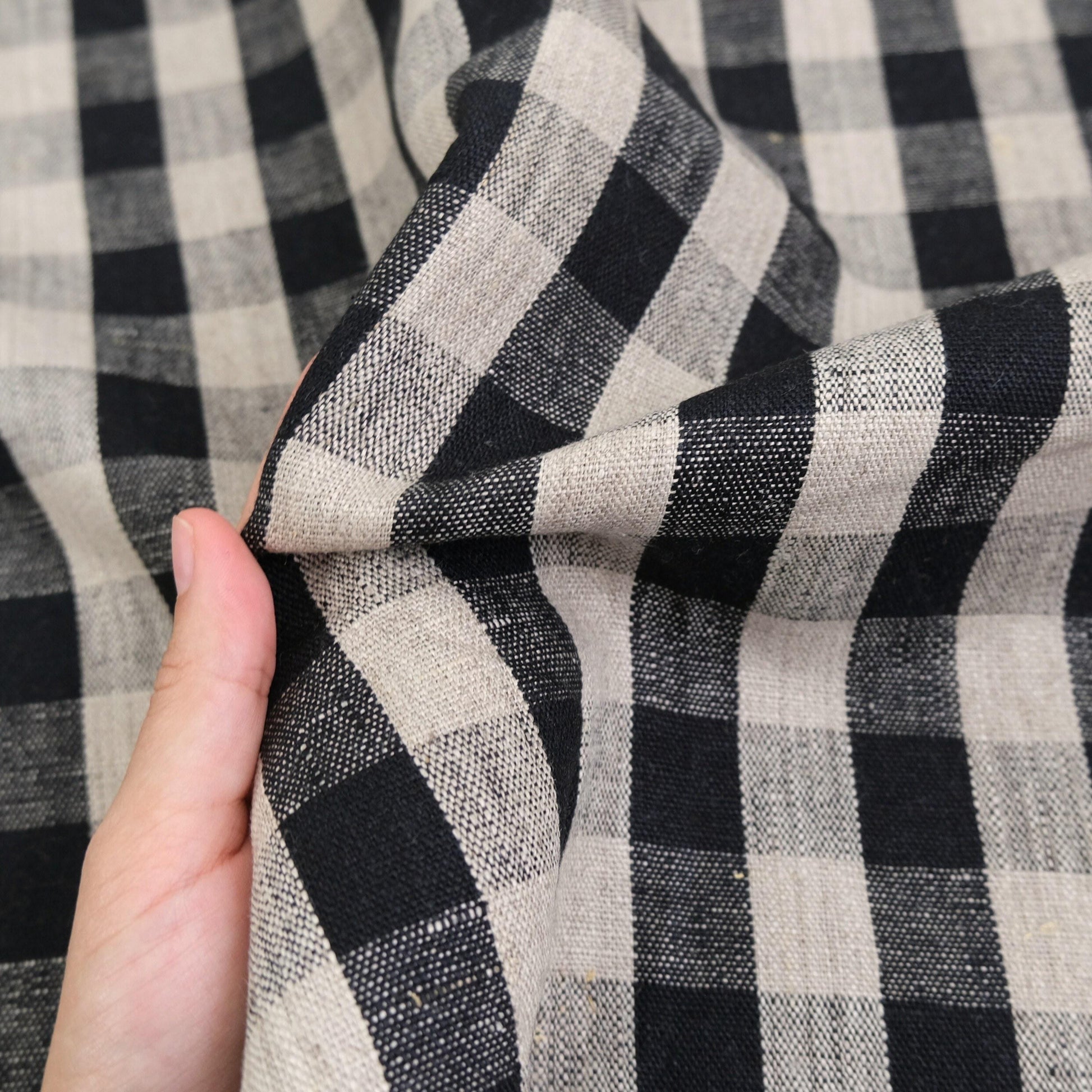 Close up Checkered Onyx Linen Cloth Dark Plaid Table Cover Large Scale Gingham Pattern Decor Textile Dark Moody Style Black Check Fabric Tablecloth