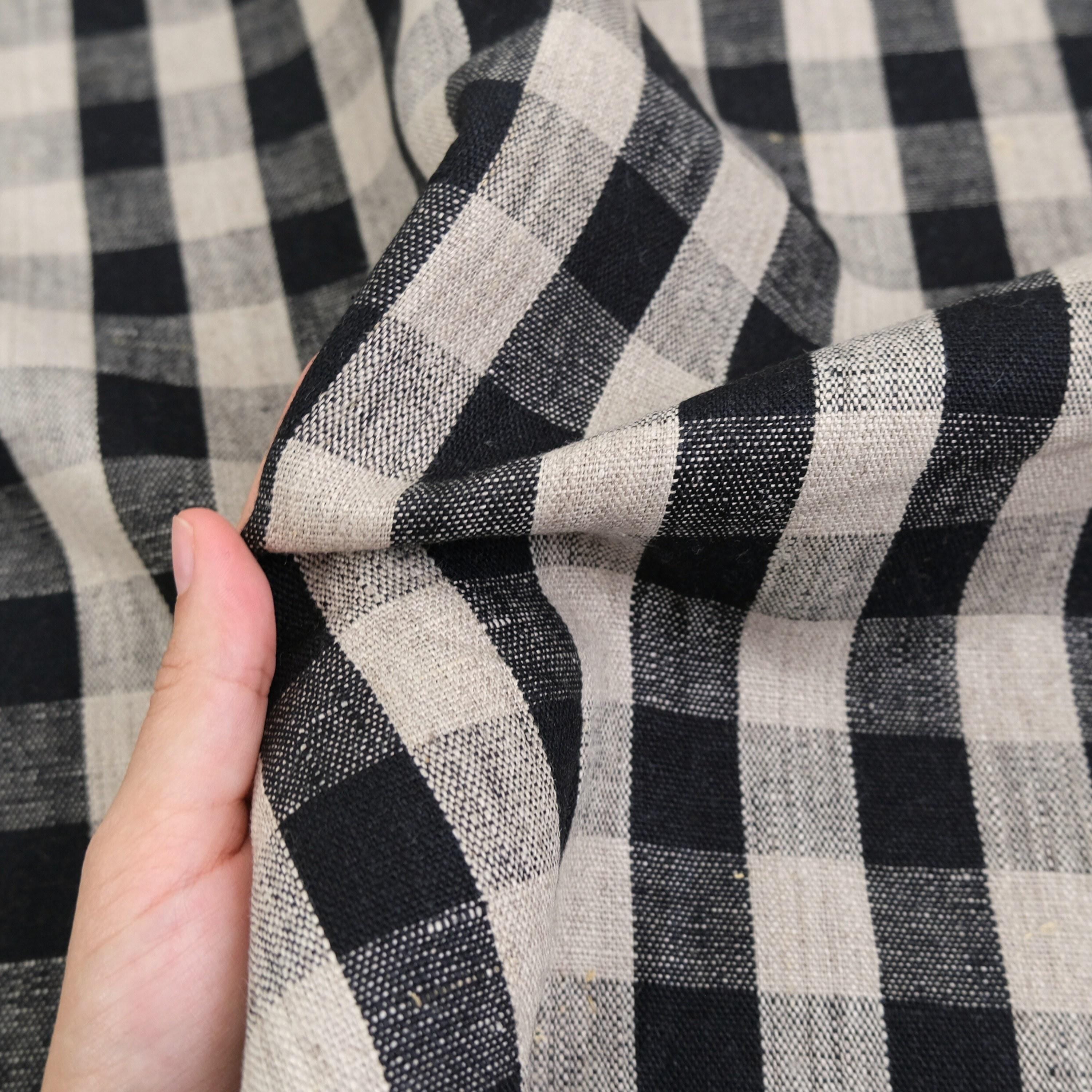 Close up Checkered Onyx Linen Cloth Dark Plaid Table Cover Large Scale Gingham Pattern Decor Textile Dark Moody Style Black Check Fabric Tablecloth