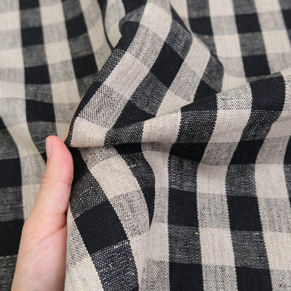 Close up Checkered Onyx Linen Cloth Dark Plaid Table Cover Large Scale Gingham Pattern Decor Textile Dark Moody Style Black Check Fabric Tablecloth