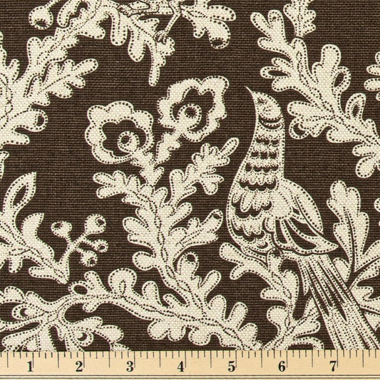 Close-up of brown floral and bird pattern on cotton textile, ideal for pillow covers, drapery, or upholstery sewing projects.