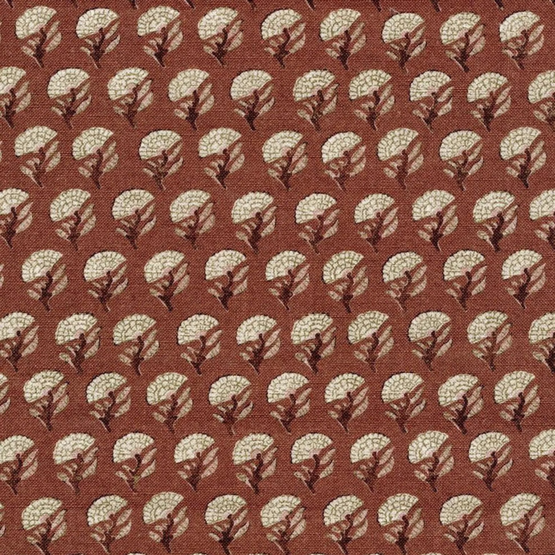 a repeating pattern of brown and white flowers or leaves on a red background.