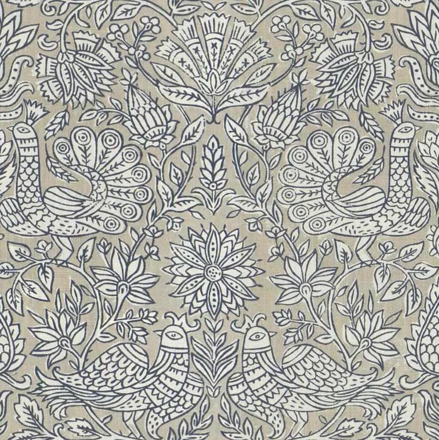 Floral Blue White Fabric Bird Print Textile Taupe Maximalist Artisanal Designer Fabric