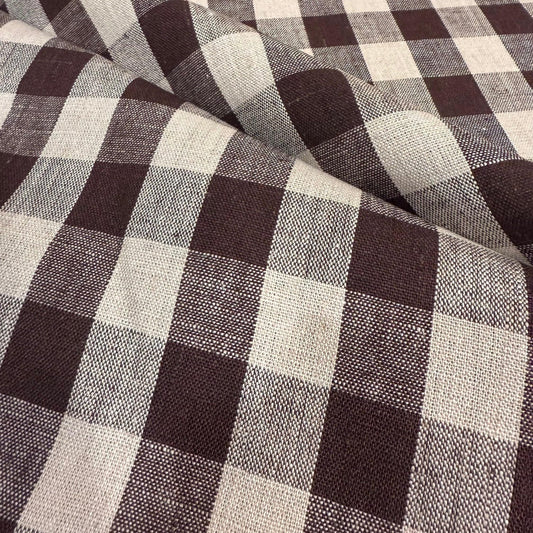 Tess Brown Check Linen Fabric- Rustic Tablecloth & Seasonal Decor