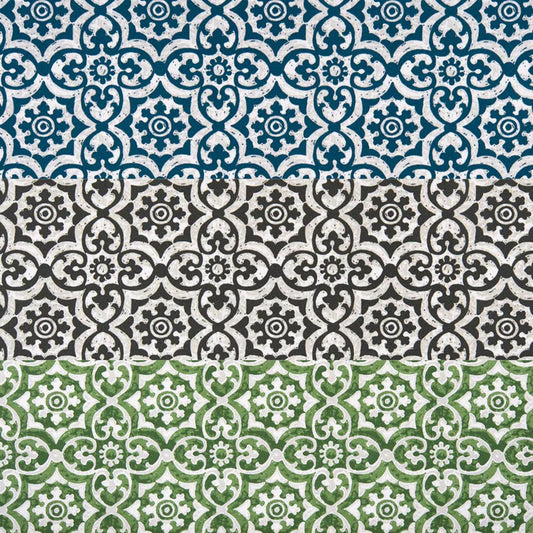 a repeating pattern of three different color schemes: blue, green, and white. The pattern consists of a series of floral designs arranged in a vertical orientation, creating a visually striking and symmetrical composition.