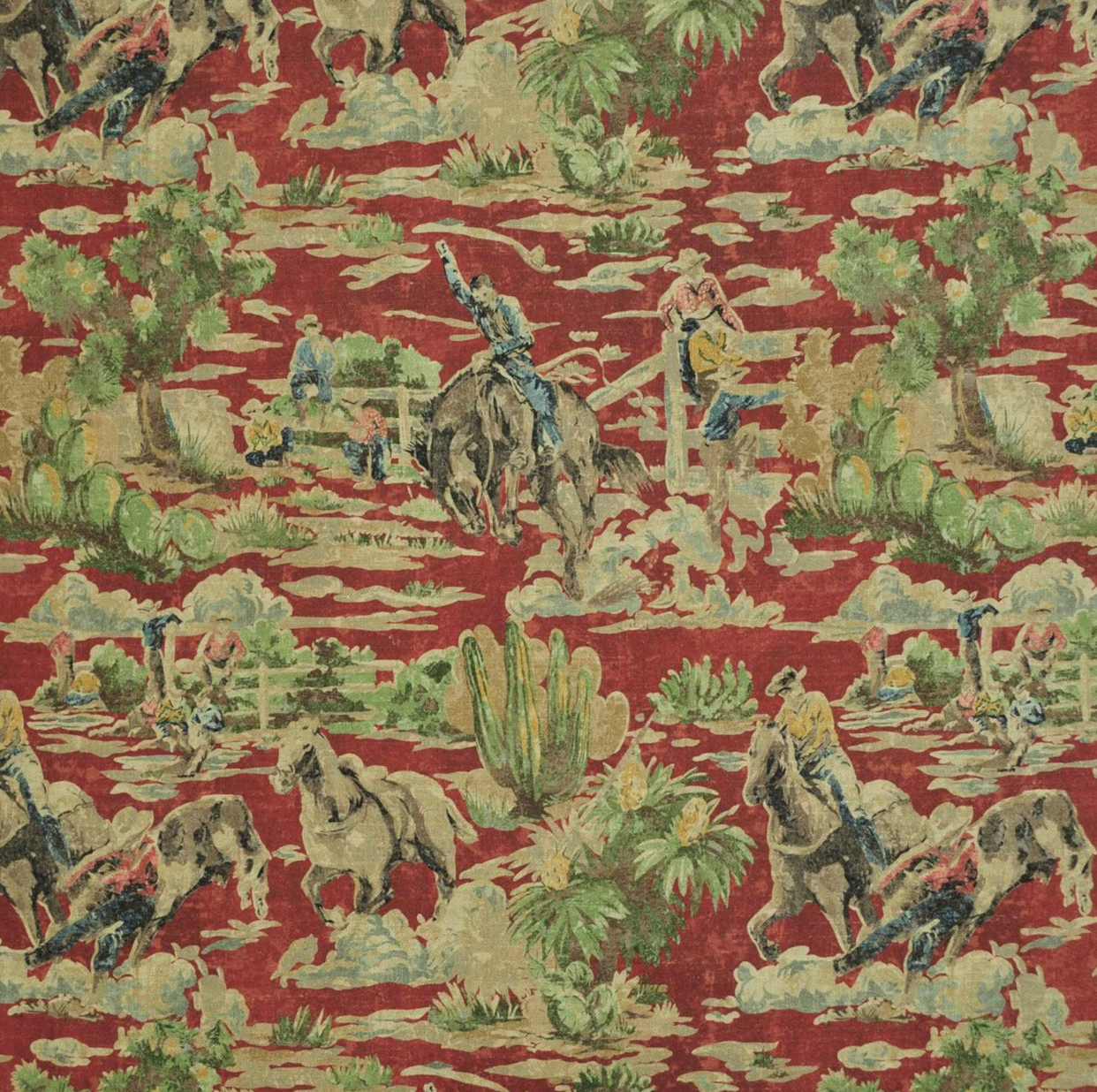 The image is a vibrant, colorful textile featuring a repeating pattern of horses, riders, and various elements of a cowboy or western theme. The pattern includes horses galloping, riders on horseback, and other cowboy-related imagery such as cacti, trees, and clouds. The overall design is lively and dynamic, with a sense of movement and energy.