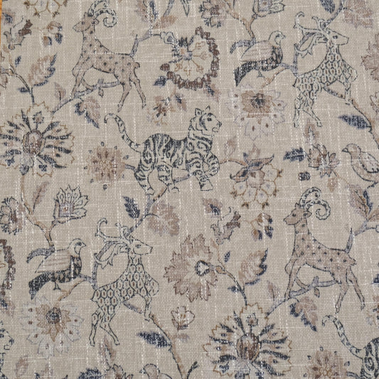 Beige fabric with a repeating pattern of stylized animals and floral elements. The design features a deer, tiger, and birds among ornate flowers and foliage. The color palette includes shades of brown, beige, and hints of green, creating a vintage, textured look.