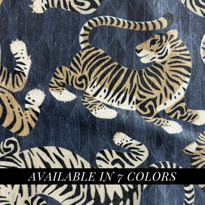 Zephyr Tiger Print Chenille Upholstery Fabric Bold Animal Pattern Pillows Drapes Cushions Statement Furniture Home Design Decor