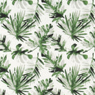 a repeating pattern of green and white tropical leaves against a white background.