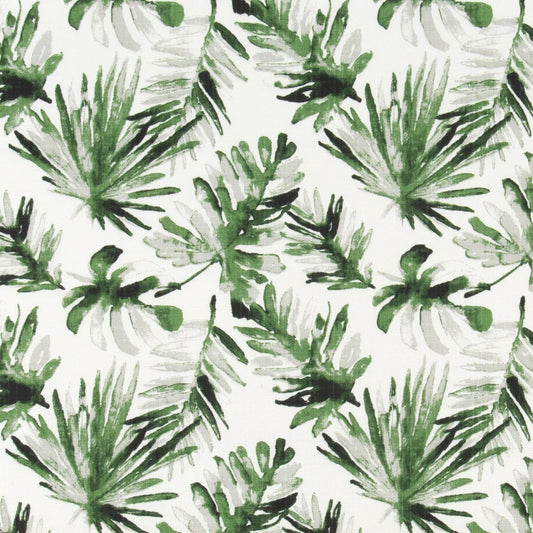 a repeating pattern of green and white tropical leaves against a white background.