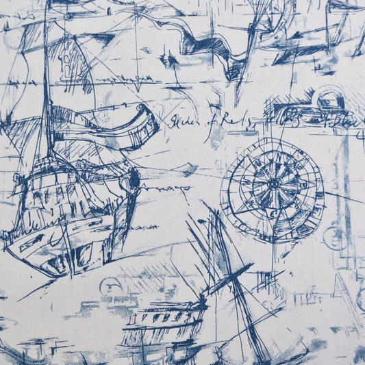a collage of various sketches and drawings of ships, including a ship with a tall mast and a ship with a smaller sail. The sketches are in a blue and white color scheme, and there are handwritten notes and text scattered throughout the image.