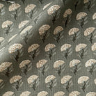 a close-up view of a fabric with a repeating pattern of white flowers or leaves on a dark background.