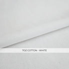 The image is a close-up of a white fabric, possibly cotton, with a label indicating the weight and color.