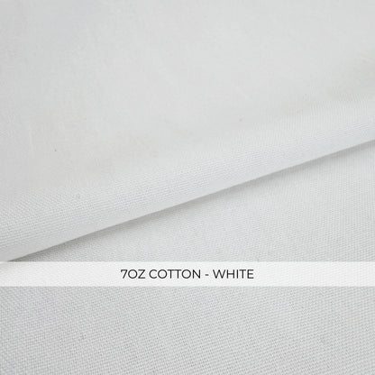 The image is a close-up of a white fabric, possibly cotton, with a label indicating the weight and color.