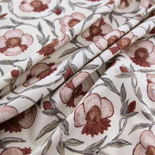 Floral fabric yardage in dusty rose with vintage-inspired design maroon accents perfect bedroom curtain material