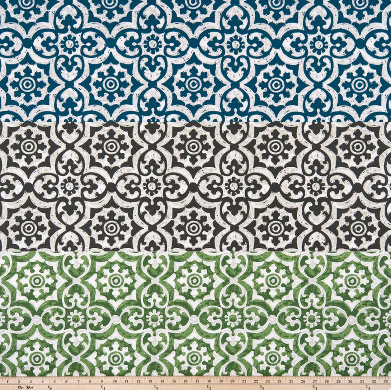 Blue, black and green outdoor fabric with geometric tile pattern, waterproof upholstery textile