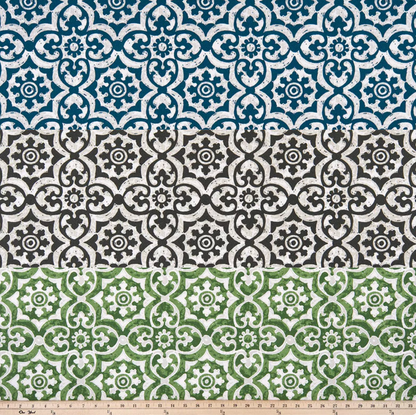 Blue, black and green outdoor fabric with geometric tile pattern, waterproof upholstery textile