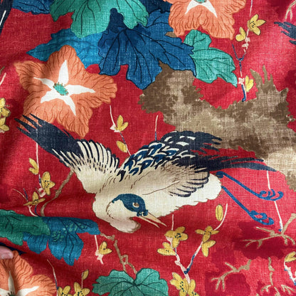Plume Crimson Red Crane Patterned Fabric- Bird & Leaf Print for Home Decor