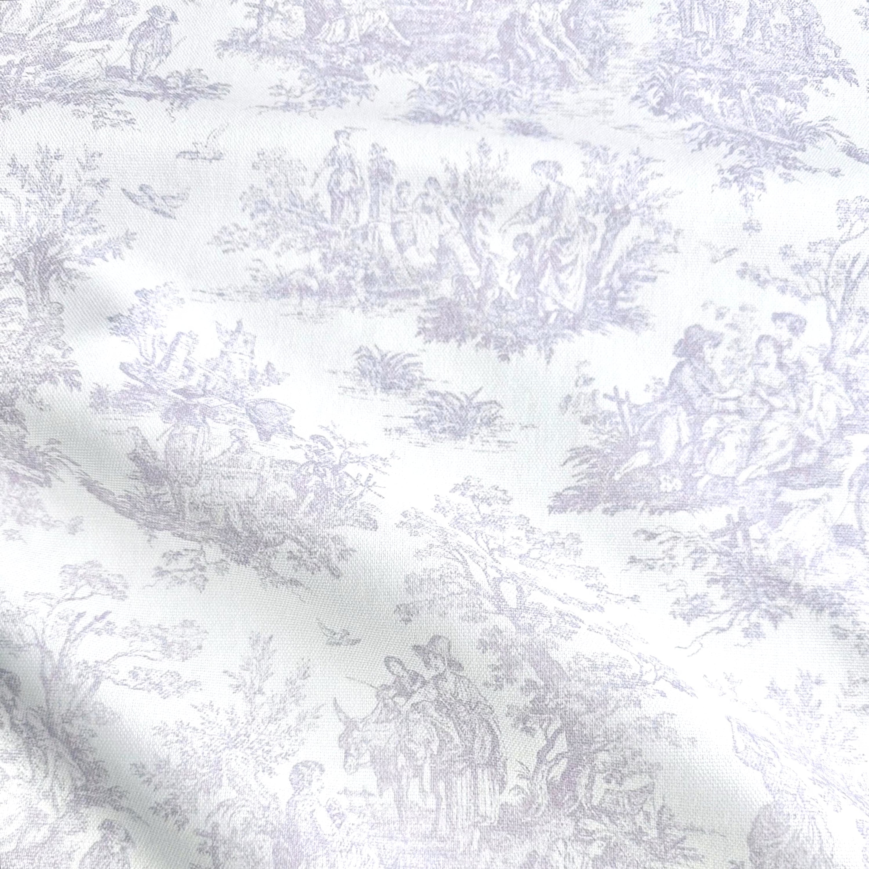 The image is a close-up of a fabric with a repeating pattern of a landscape scene, featuring people, animals, and various elements such as trees, flowers, and birds. The pattern is predominantly white, with some gray accents. The fabric appears to be made of a soft, plush material, suitable for clothing or home decor.