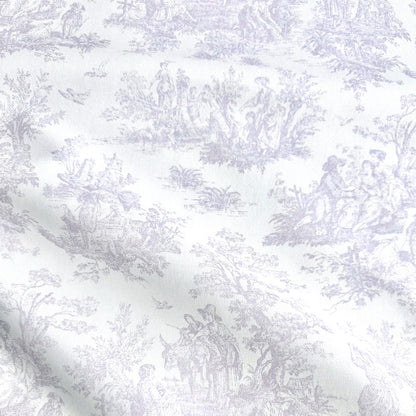 The image is a close-up of a fabric with a repeating pattern of a landscape scene, featuring people, animals, and various elements such as trees, flowers, and birds. The pattern is predominantly white, with some gray accents. The fabric appears to be made of a soft, plush material, suitable for clothing or home decor.
