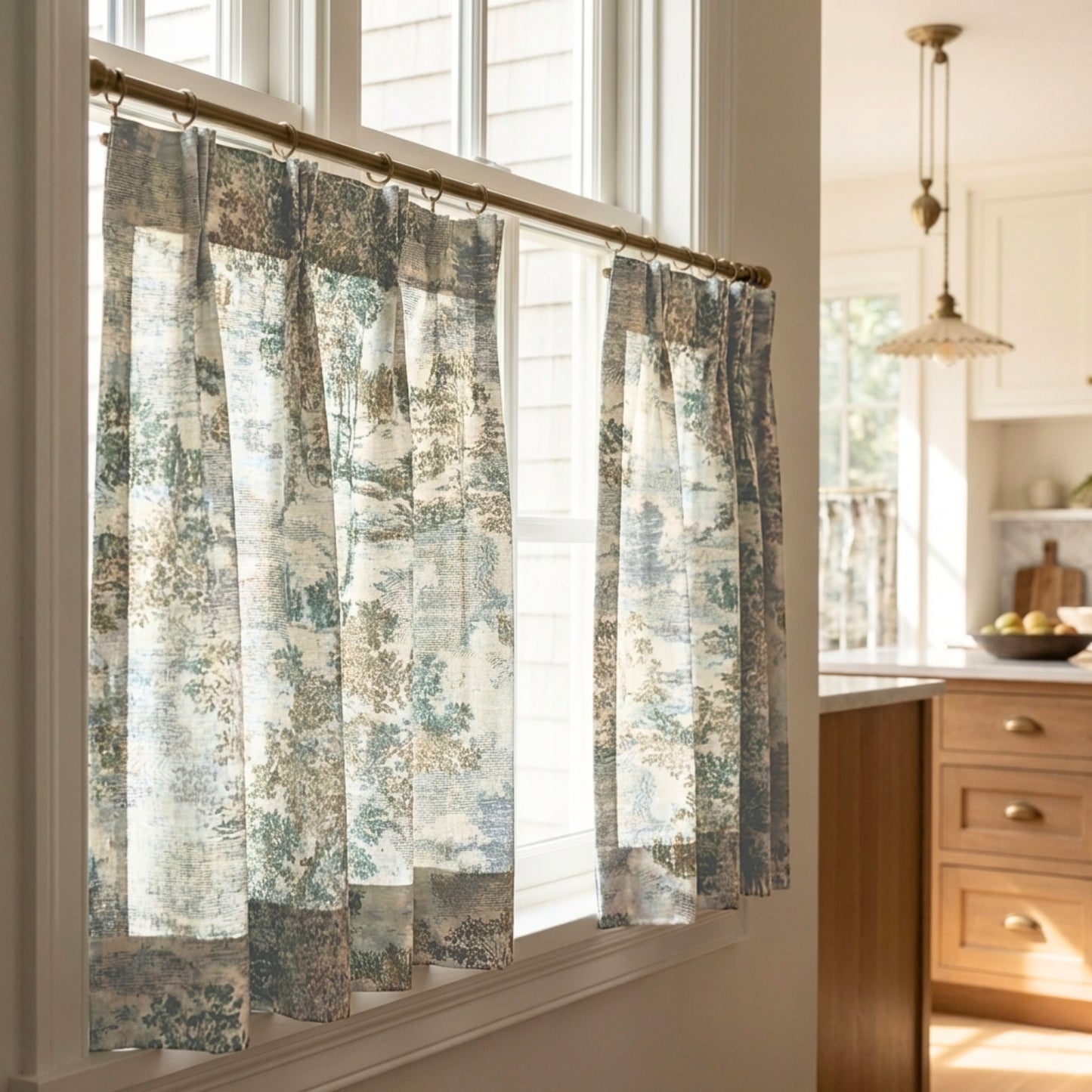 a window with curtains featuring a patterned design, set in a kitchen with wooden cabinets and a countertop.