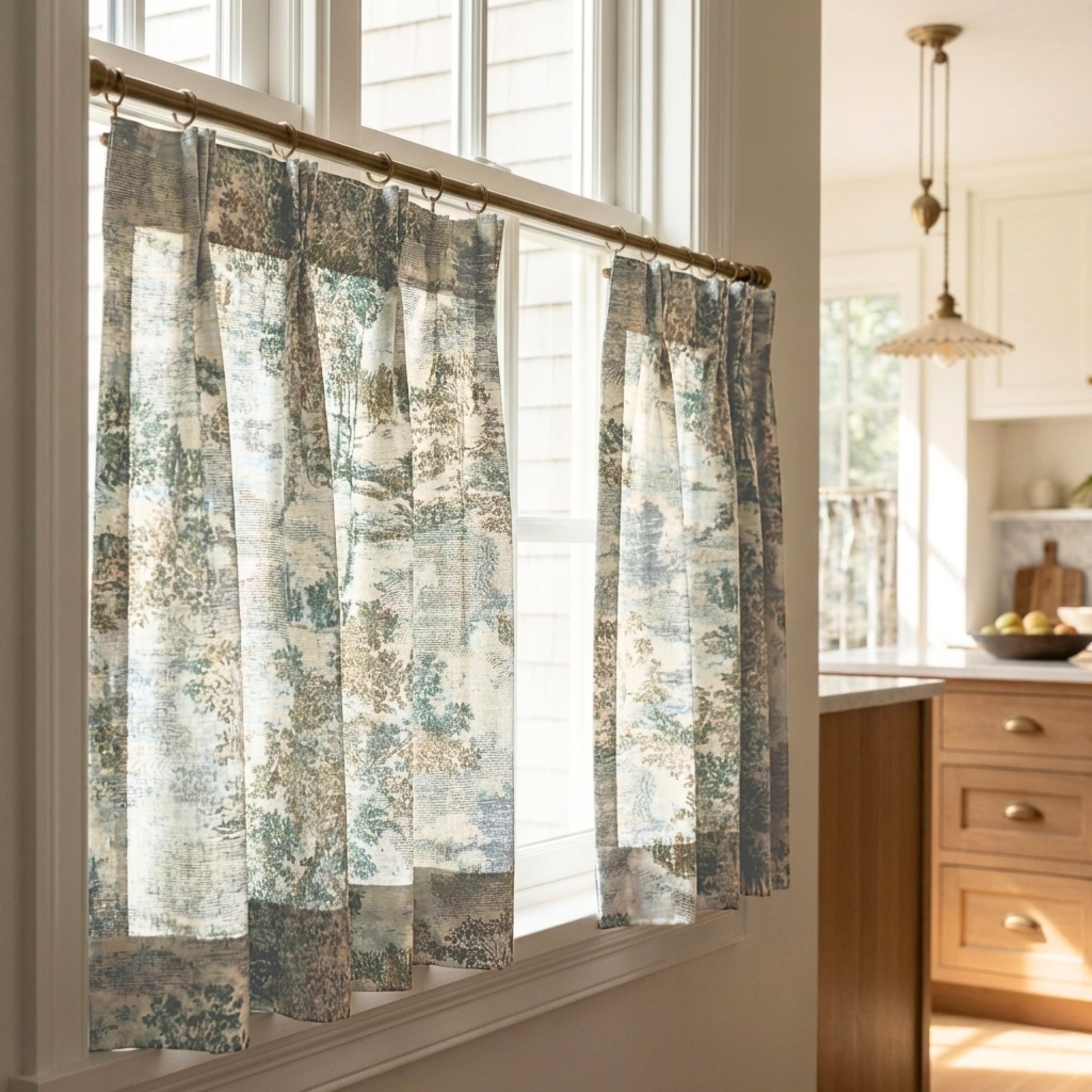 a window with curtains featuring a patterned design, set in a kitchen with wooden cabinets and a countertop.