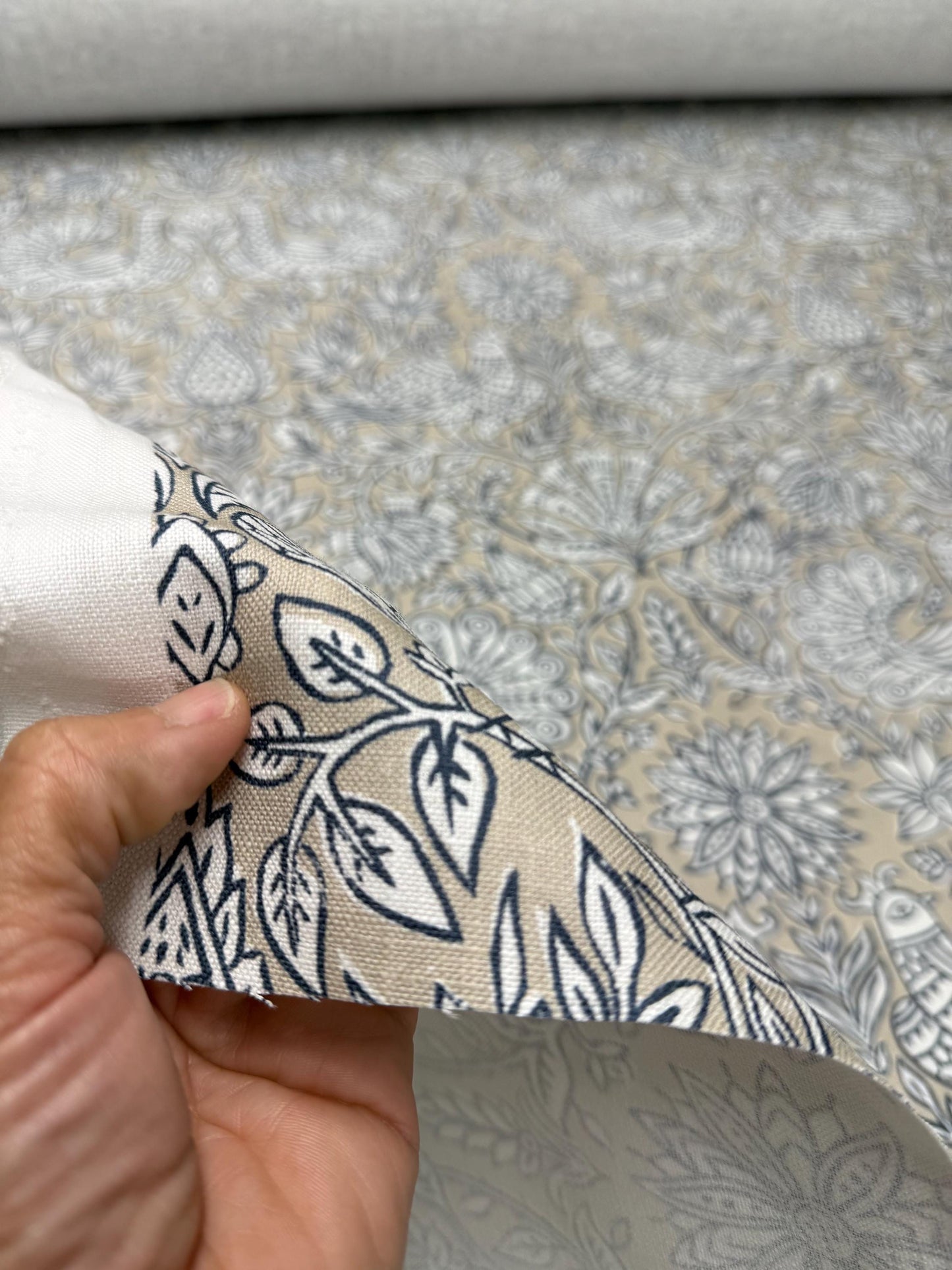 Sigrid Blue Floral Bird Print Fabric- Designer Bedroom Drapery