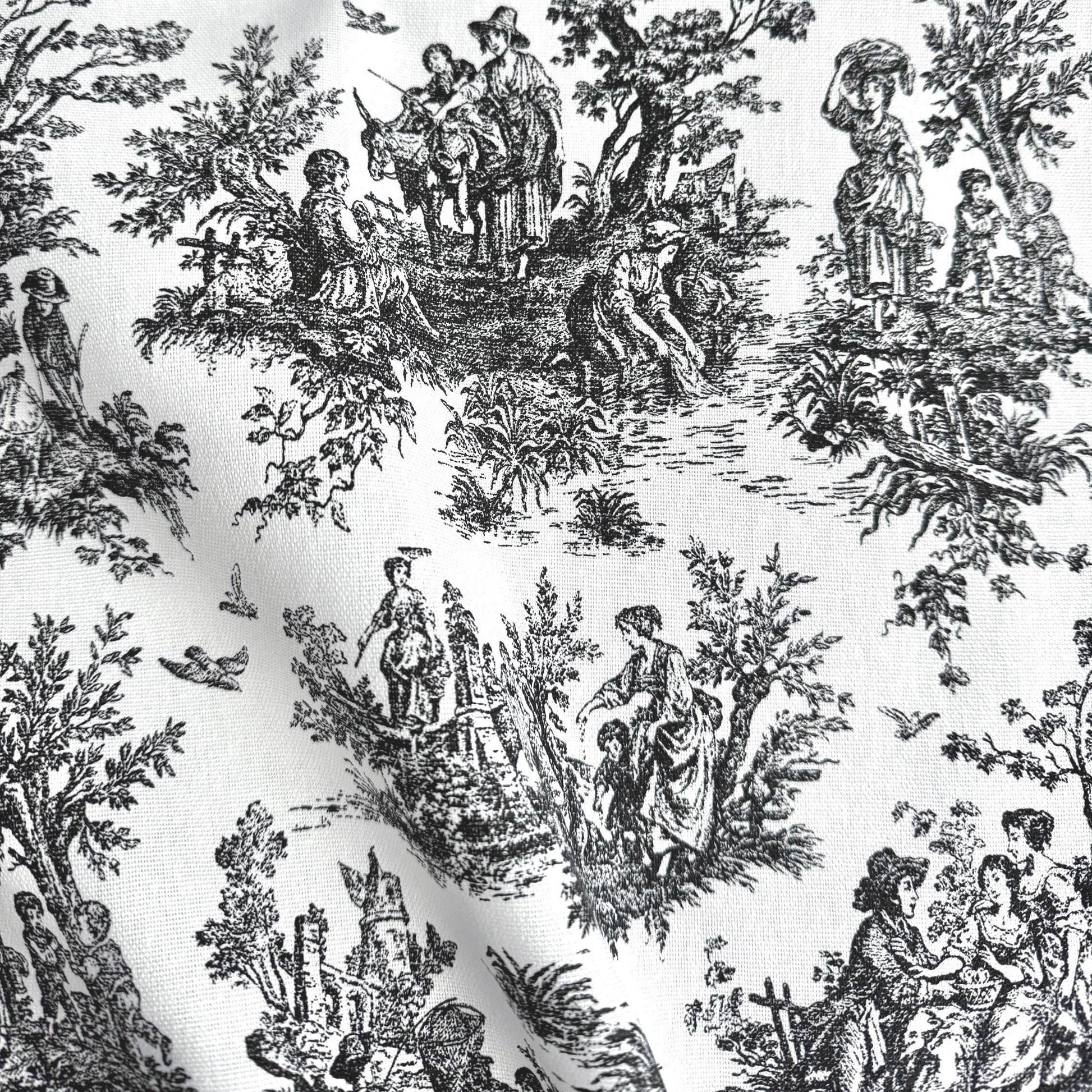 black Toile Fabric by the Yard French Pastoral Kitchen Curtain Material Shabby Chic Gift Wrapping Fabric Vintage Style Country Sewing Gift for Mom
