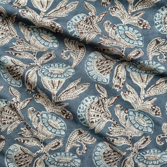 a blue and brown paisley print fabric