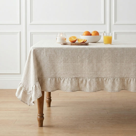 Beige Gingham Linen Fabric Neutral Check Upholstery Fabric