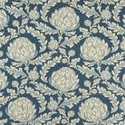 Harlow Blue botanical acanthus leaf fabric by the yard in soft blue and cream, swatch with ruler