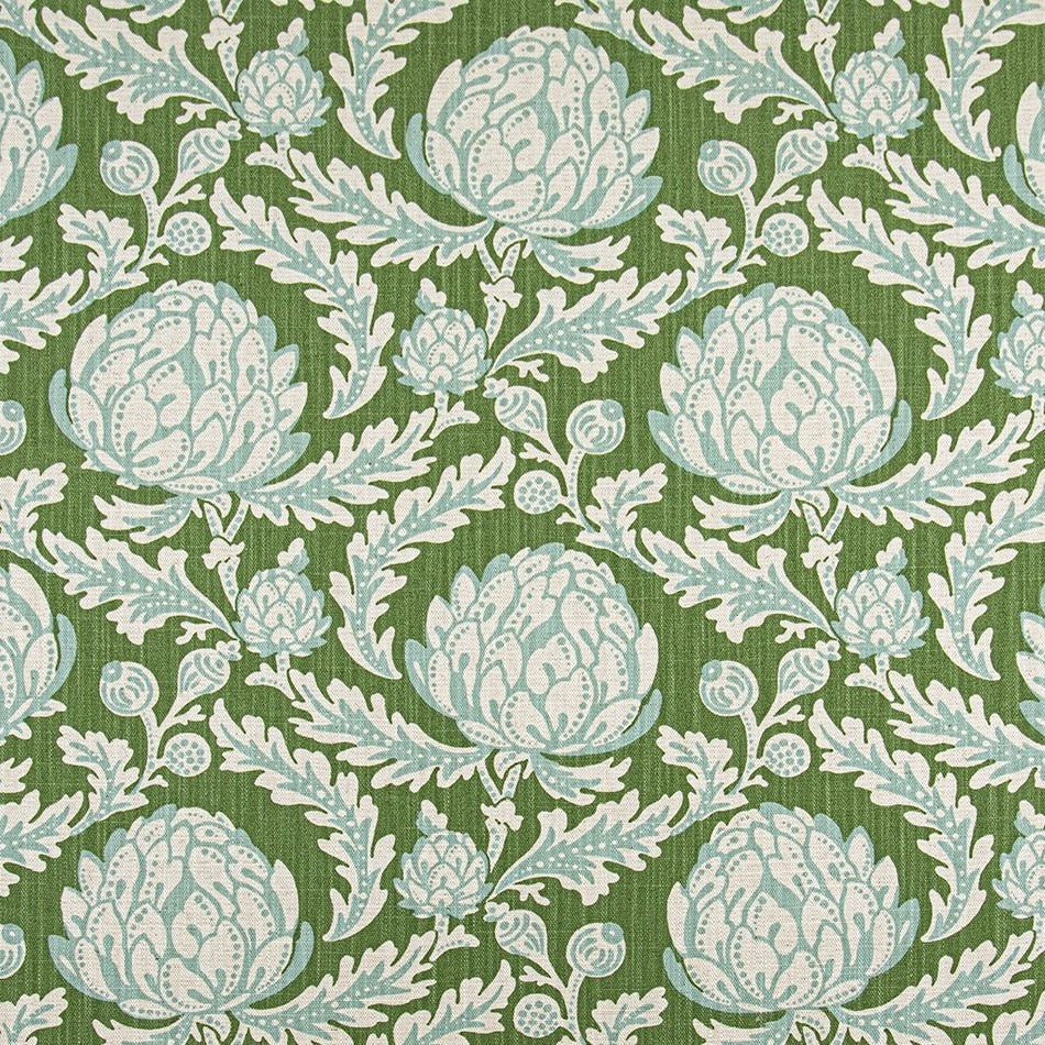 Harlow Green botanical acanthus leaf fabric by the yard in pale aqua green and cream, swatch with ruler