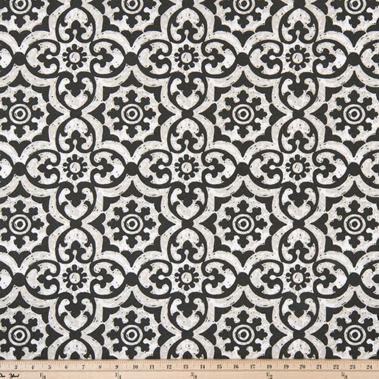 Black and white outdoor fabric with ornamental tile pattern, durable home decor textile