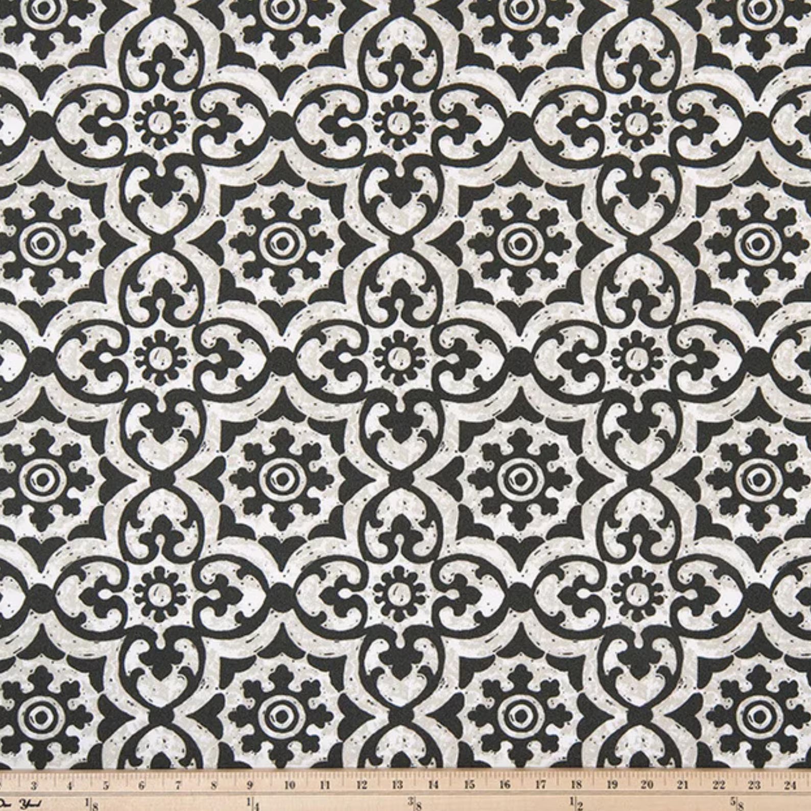 Black and white outdoor fabric with ornamental tile pattern, durable home decor textile